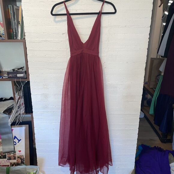 Fairy Grunge Boho Chic SHEIN Belle Plunging Neck Mesh-Overlay Dress Maroon S - Picture 4 of 10